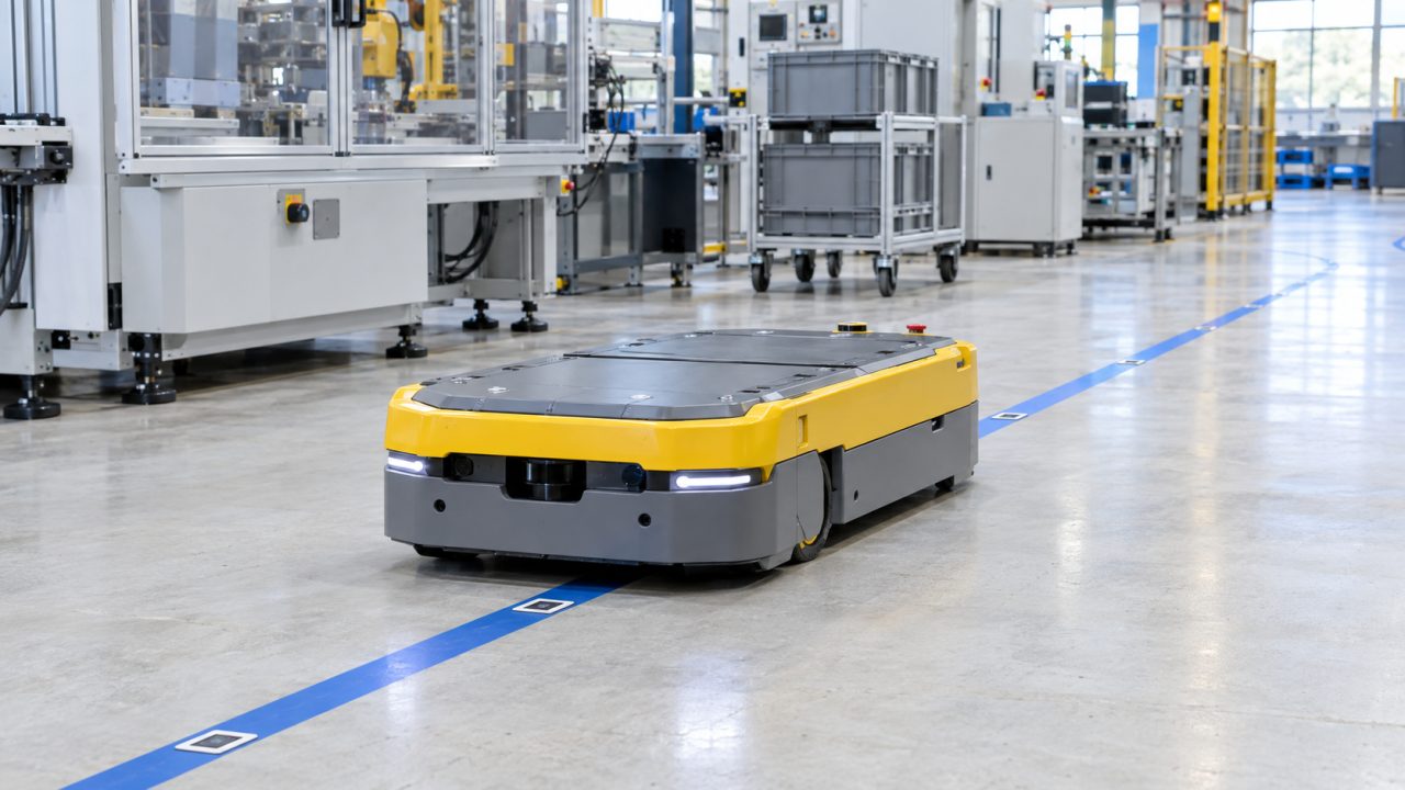 AGV-тележка едет по магнитной ленте, наклеенной на пол цеха