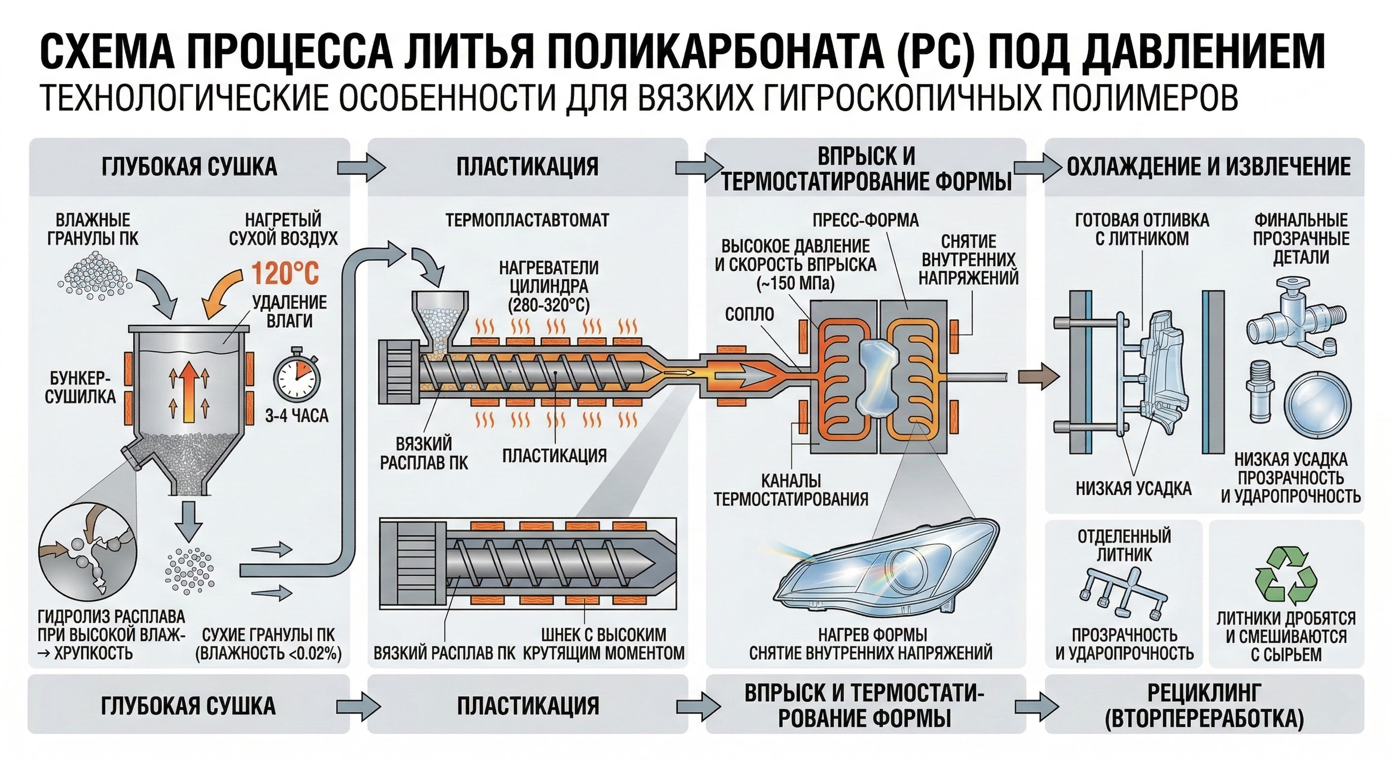 Схема процесса литья поликарбоната под давлением